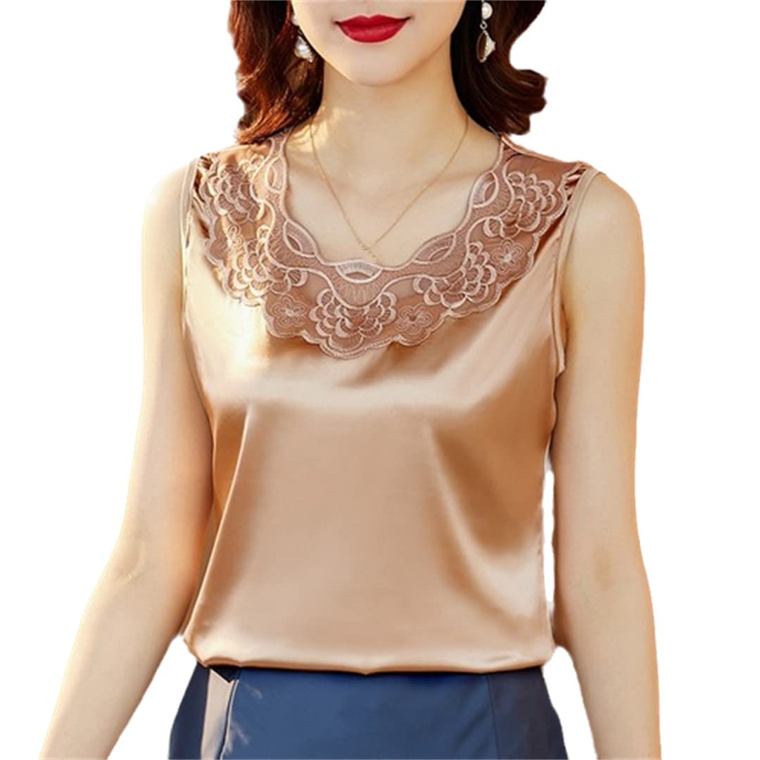 Canotte Senza Maniche con Scollo a O per Donna Camicetta in Raso con Patchwork a Rete scavata T-Shirt Estiva Casual PIC S