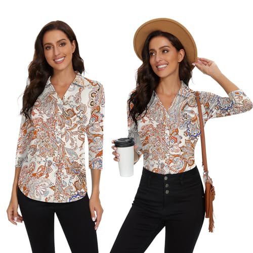 Image of Soneven Womens Golf Polo Shirts 3 /4 Long Sleeve V Neck Button Down Shirts Business Causal Work Blouses Tops