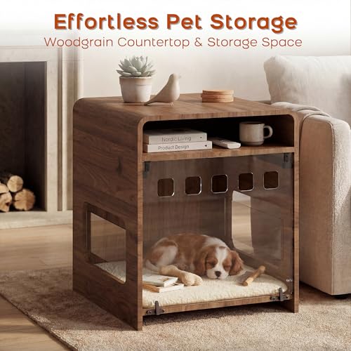 DAWNYIELD Hundebox für kleine Hunde, Hundekäfig Möbel mit Klapptür, Endtisch Hundekäfig mit Ablagefach, Indoor Haustierhaus für kleine mittelgroße Hunde, Holz Welpenhütte für Zuhause, Dunkle-6