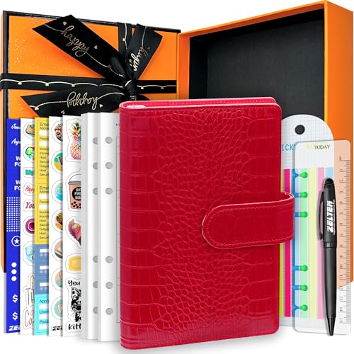 Planificateur A6 en cuir PU crocodile rouge à 6 anneaux avec recharge 80 pages