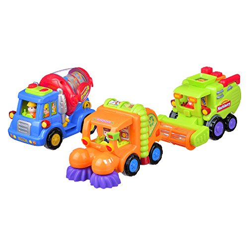 Coolecool Push and Go Friction Powered Cars Pull Back Vehicles for Baby Toys 18 Months and Up (3 Play Vehicles: Cleaner Car, Mixer Truck, Agricultural Harvester)