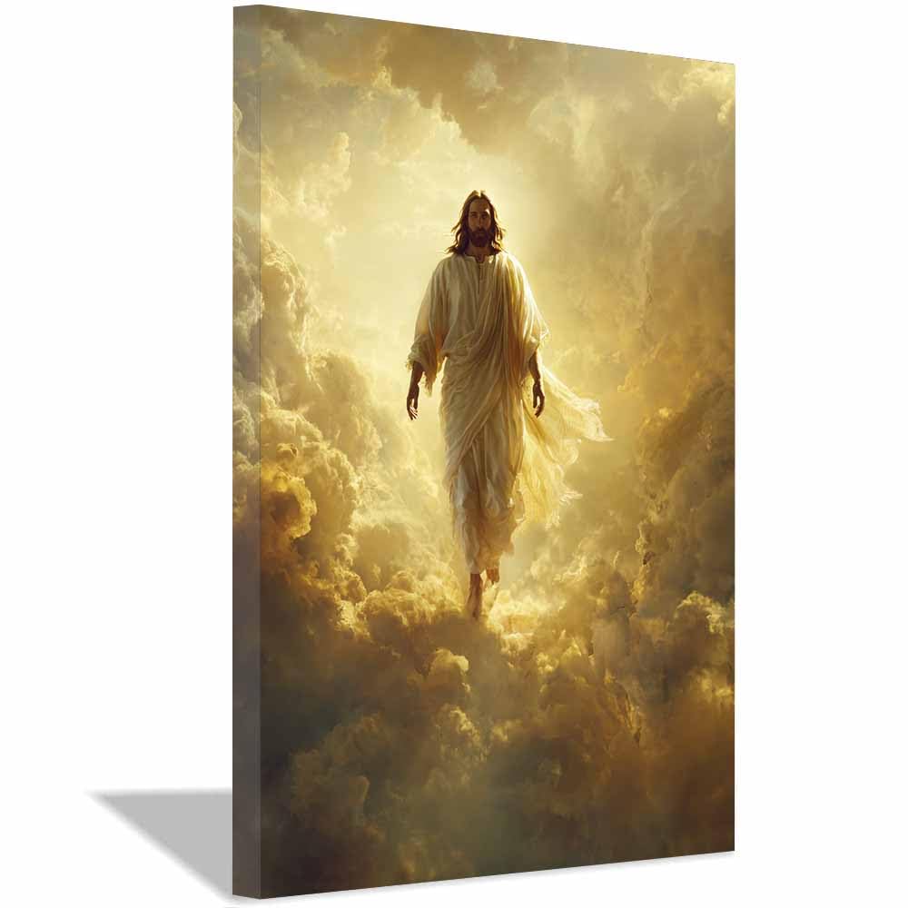 HUYEEI Jesus płótno ścienne nowoczesne kroki chmury chrześcijański plakat obraz inspirujący religijny wystrój do salonu, kościoła lub pokoju modlitewnego (biały) - 60 x 80 cm oprawiony