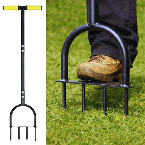 HowseHold Manual Spike Lawn Aerator Tool Heavy Duty Steel T-Handle with Foot Plate for Grass and Garden Compacted Lawns Healthy Lawn Growth