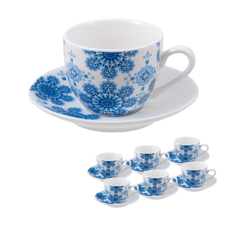 Lot de 6 tasses avec soucoupe en porcelaine arabesque bleue DRW pour expresso