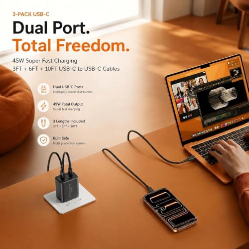 Image of 45W 3Pack Black Super Fast Charger USB C Dual Port Charger Type C Fast Charging Block with 60W [3FT+6FT+10FT] USB C to USB C Charger Cord for Galaxy S26 /S25 /S24,for iphone 17 /16 /15,for iPad and More