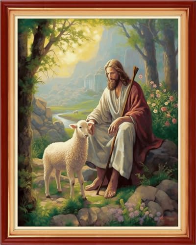 Image of Magxvouy Cross Stitch Kits Stamped Full Range of Embroidery Kits,Cross Stitch Patterns Needlework Kits for Beginners 11CT Printed Kits&Jesus Shepherd 16x20 inch