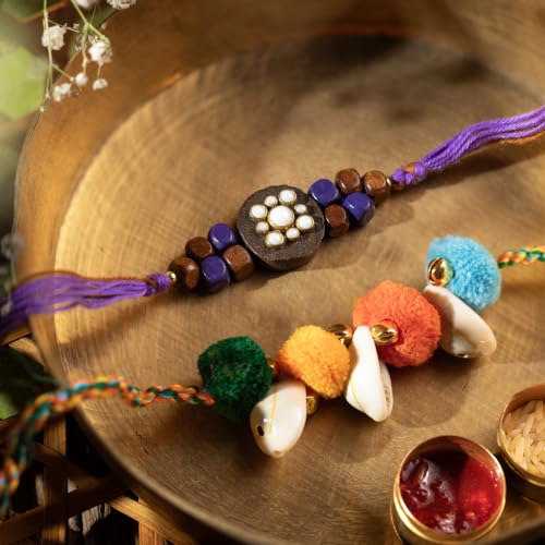 Image of Phool Dastkaar Wood & Kaudi Rakhi Set of 2 for Brother | Handcrafted Designer Combo | Traditional Wooden & Cowrie Shell | Raksha Bandhan Rakhi for Bhai