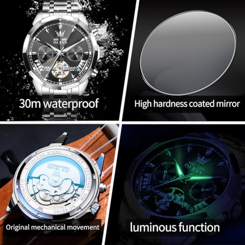 Image of OLEVS Automatic Self Winding Men's Wrist Watch Skeleton Stainless Steel Calendar Chronograph Waterproof Luminous Luxury Gift Branded Watch for Man