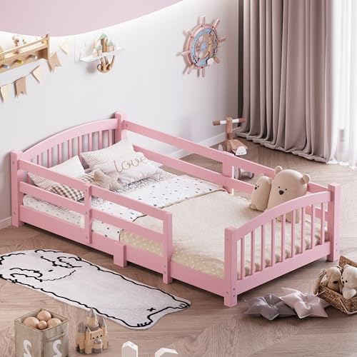 Image of Bellemave Twin Size Kids Montessori Floor Bed,Twin Size Floor Bed Frame with Slats and Safety Guardrail,Solid Wood Montessori Bed for Girls Boys,Pink