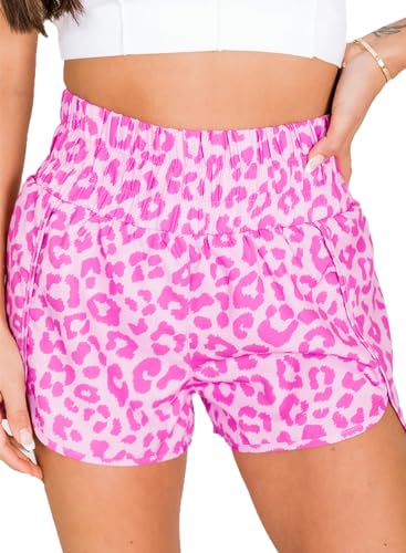 SELINK Shorts for Women Casual Pink Leopard High Waisted Athletic Shorts Shirred High Waist Beach Shorts Daily S