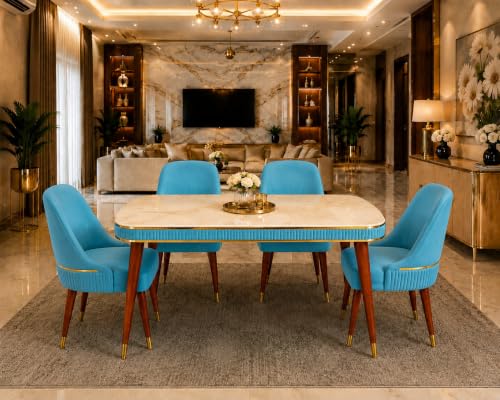 Image of WOODEN SPACE Majestic 4 Seater Wooden Dining Table Set | Urban Marble Top Dining Table with Chairs for Dining Room & Kitchen (Sky Blue Modern Grand Aura) (54 x 36 x 30 inch)