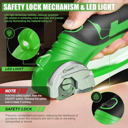 Image of SakerPlus Cordless Electric Scissors,4V Rechargeable Cardboard Box Cutter Heavy Duty Fabric Scissor with Safety Lock & LED Light,Power Rotary Cutter for Leather Carpet Plastic Cutting,Sewing,Crafting