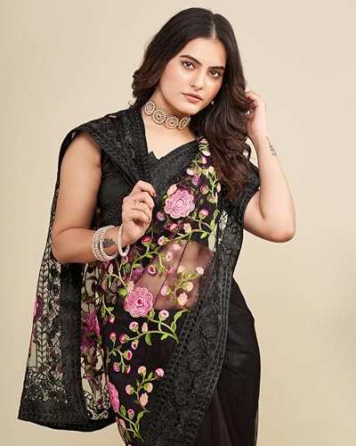Image of VAIRAGEE Women's Beautiful Soft Net Embroidery Saree With Unstitched Blouse 6079
