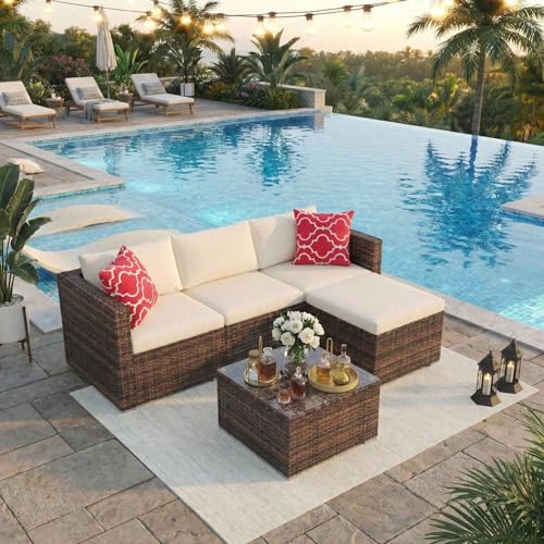 5-Piece Patio Sectional Sofa Set, All-Weather Brown PE Rattan Outdoor...