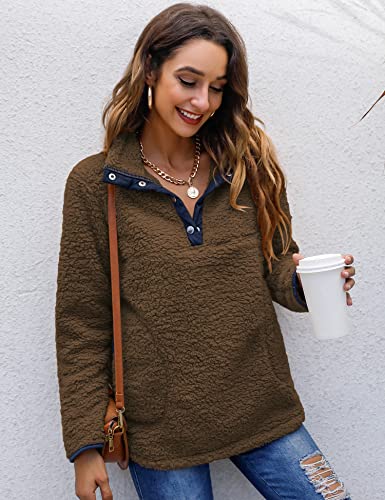 Bashafo Womens Soft Long Sleeve Sherpa Sweatshirt Button Collar Fleece Pullover Outwear Pockets Coat Tops Coffee M #TOP1