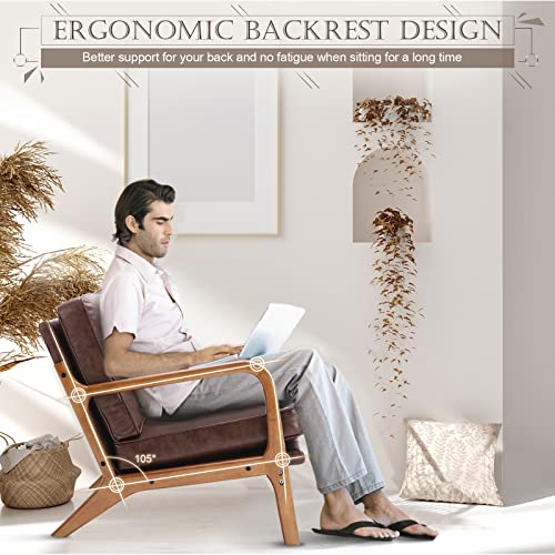 Upholstered Mid Century Pu Leather Accent Chair, Comfy Lounge Armchair With Thicken Cushion, Modern Wooden Arm Chair, Sturdy Reading Chair For Living Room, Bedroom, 300 Lbs Weight Capacity, Brown #TOP4