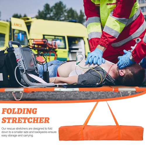 Image of TrelaCo Folding Stretcher 81 x 21.3 x 5.4 Inch Aluminum Alloy Collapsible Gurney Emergency Portable Stretcher with Heavy Duty Handles Rubber Feet for Ambulance Patient Transport, Orange