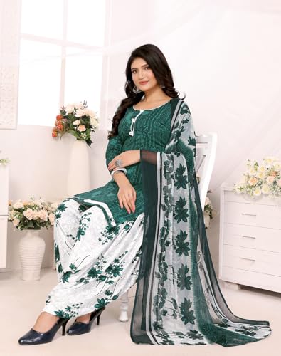 Image of Yashika Women's Printed Dress Material - Unstitched Crepe Fabric Kurti, Pants & Dupatta Set (AZ-YS-P4-NITU GREEN)