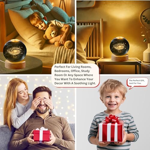 Image of 3D Milky Way Crystal Ball Night Light with Wooden Base, Table Lamp