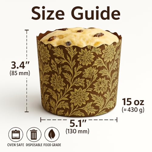 Image of 15 oz Kulich & Panettone Baking Molds - 12 Pack | Large Non-Stick Easter Bread Paper Forms | W 5.1 inch x H 3.4 inch | Oven & Microwave Safe | Brown Elegant Design + Bonus Family Recipe
