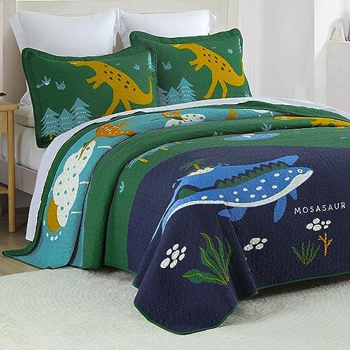 SahSahCasa Quilt Set Twin Size, 100% Cotton Quilt Bedding Set Bedspread, Kid Quilt Dinosaur Patterns 2pcs Quilted Bed Spread Lightweight Comforter for Kid Boys Girls Children Teens, Green/Navy