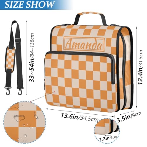 Image of Custom 3 Ring Zipper Binder Orange Checkerboard Personalized Name 1.5 inch Binders Large Capacity Multi Pockets for School Office Supplies