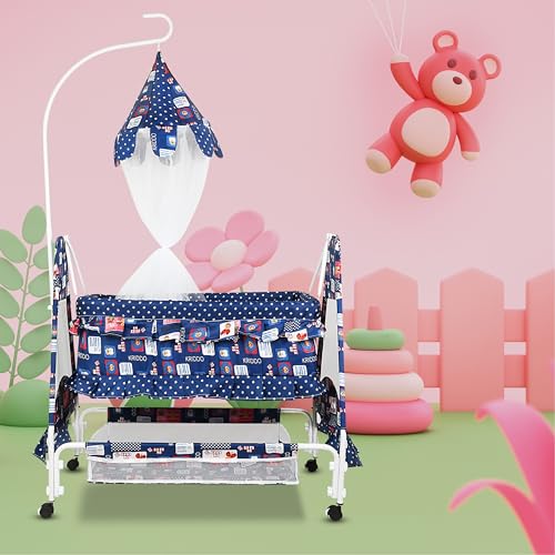 Image of New Born Baby Soft Seat Cradle with Swing and Mosquito Net, Four Wheels with Brake Lock for Swing Cradle /Jhula /Palna /Bed /Baby Safe for 0-2 Years (Dark Blue)