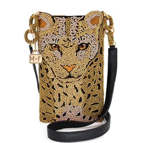 Mary Frances Gone Wild Beaded Leopard Crossbody Cell Phone Bag Clutch with Zipper Pocket and Leather Strap, Gold