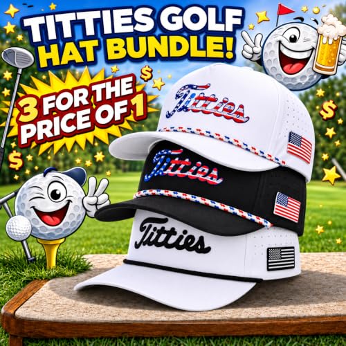 Image of Curves & Clubs Titties Golf Hat - Funny Golf Hat, Titties Hat - Funny American Hat - Men's Gifts (Cotton, White-Black)
