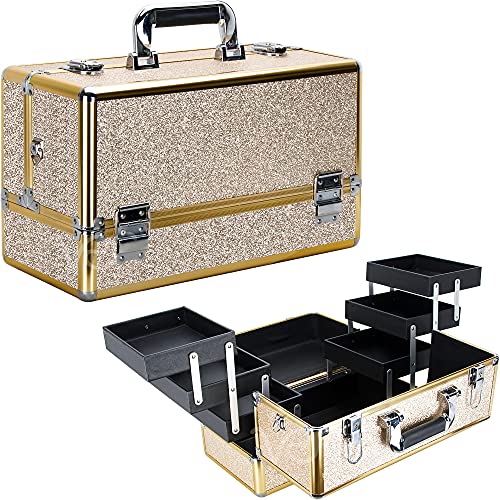 VER Beauty Makeup Organizer, Cosmetic Travel Kit, Makeup Artist Supplies, 6-Tier Lockable Storage Box, Makeup Train Case, Aluminium Case, Lightweight & Portable Makeup Vanity (Champagne Glitter)