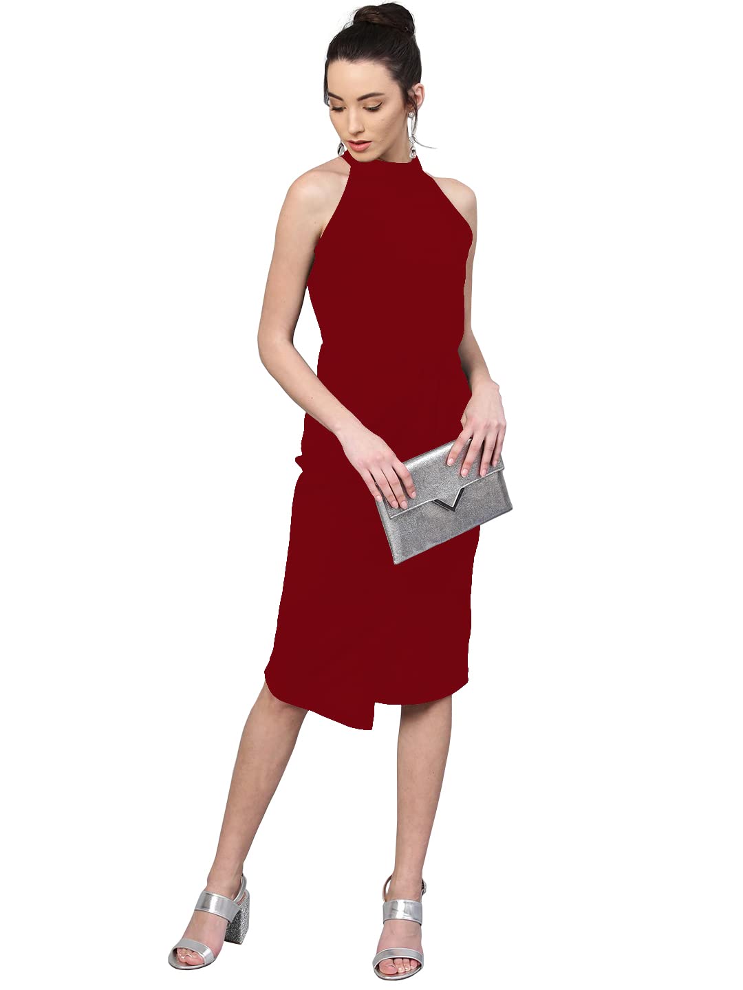 Shasmi Women's Comfortable Maroon Halter Neck Sleeveless Solid Midi Bodycon Casual Western Stylish Dress For Womens/Midi Dress For Girls (Shree Midi 14 Maroon Xl)