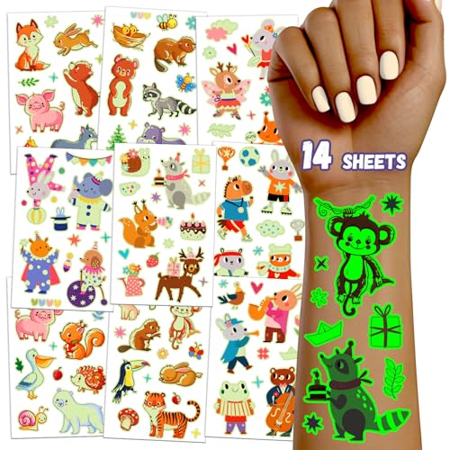 TatoYard Presentes de aniversário para crianças, colégio, 14 folhas tatuagens luminosas para meninos e meninas, pinata de aniversário infantil, festa de aniversário detalhe aniversário infantil
