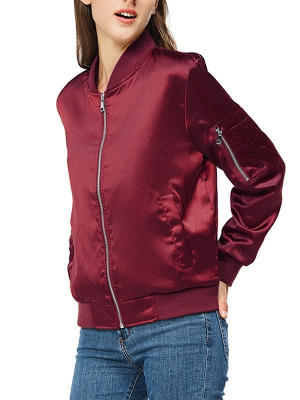 Rasujie Satin Bomber Jacket Women Zip Up Varsity Jacket Fall Windbreaker Outerwear with Pockets4