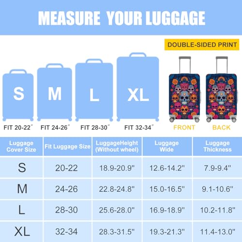 Image of Sugar Skull Luggage Cover - Colorful Floral Day of the Dead Suitcase Protector - Stretch Travel Case Cover for 24-26 Inch Luggage,M
