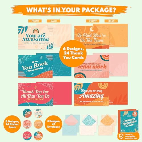 Decorably-Employee-Cards-With-Envelopes-Stickers-24-Pack-Appreciation-Cards-for-Coworkers-Blank-Thank-You-Cards-for-Employees-Appreciation-6x4in-Employee-Thank-You-Cards-for-Employees