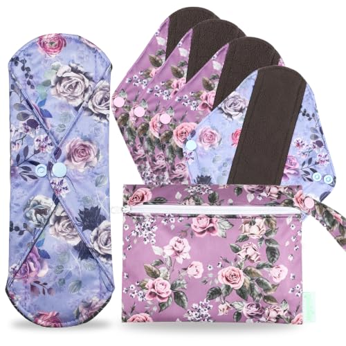 Image of wegreeco Reusable Menstrual Pads, Incontinence Sanitary Period Cloth Pads for Women, Reusable Washable Feminine Panty Liners Heavy Flow, Charcoal, 5 Pack, 1 Cloth Wet Bag (Medium, Pink Rose)