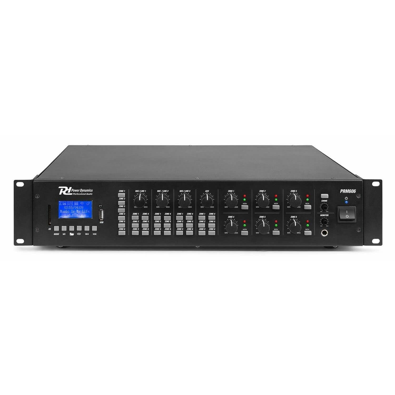 Power Dynamics PRM606 - Amplificateur Matriciel avec 6 Canaux 100 V 6x60W, Lecteur MP3/USB/SD, Technologie Bluetooth, Prises 6,35mm, Idéal pour l'Installation dans Un Bureau ou Magasin