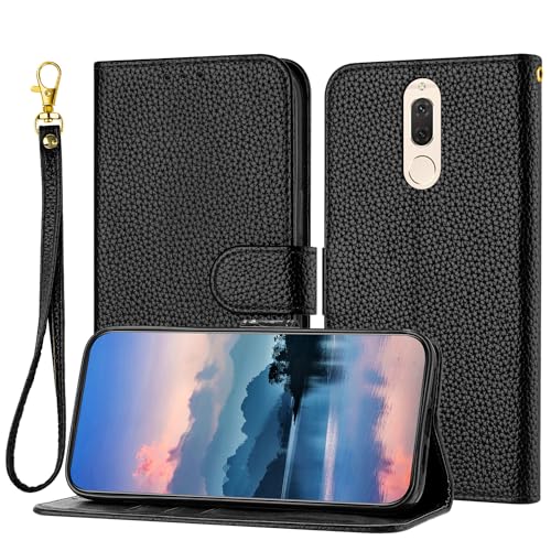 IVY [Solid color[Kickstand Flip][Hand Strap][PU Leather] - Wallet Case for Huawei Mate 10 Lite phone case - Black