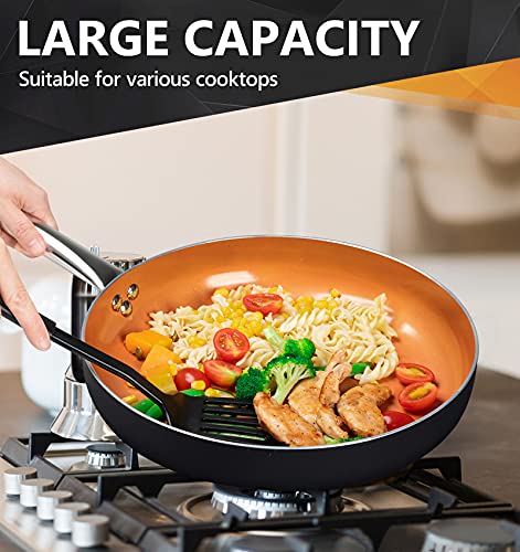 Image of Michelangelo Frying Pan Non Stick 30cm, Copper Frying Pan Induction Base with Titanium Ceramic Interior, Ceramic Frying Pan with Lid, Induction Frying Pan