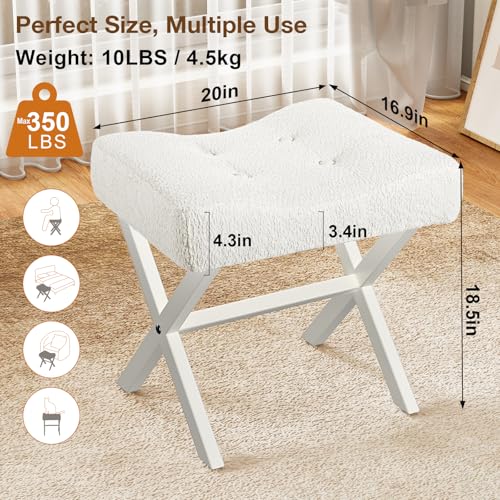 Image of Memobarco 18-Inch Large Vanity Stool Chair, Vanity Bench with Metal X-Legs, Ottoman Accent Stool with Breathable and Soft Boucle Fabric Saddle Seat, White