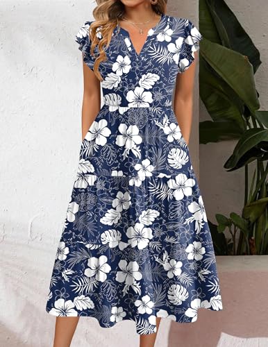 Image of ZEAGOO Womens Summer Casual Dresses Ruffle Sleeve V Neck Midi Dress Flowy Tiered Dress with Pockets Boho Sundresses