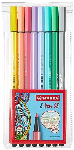 Caneta Hidrográfica Premium – STABILO Pen 68 – Estojo com 8 unidades – Em 8 cores pasteis