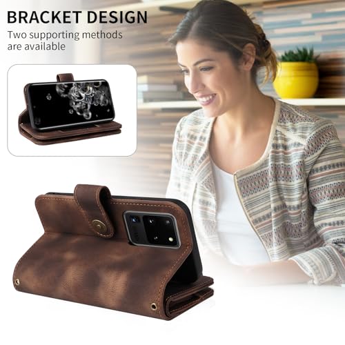 Image of Wallet Case for Samsung Galaxy S20 Ultra 5G with Wrist Strap Shoulder Strap,Zipper Pocket Multi Card Slot Wallet Cover,Seismic Protection S20ultra 20S S 20 A20 S2O 20ultra G5 Brown