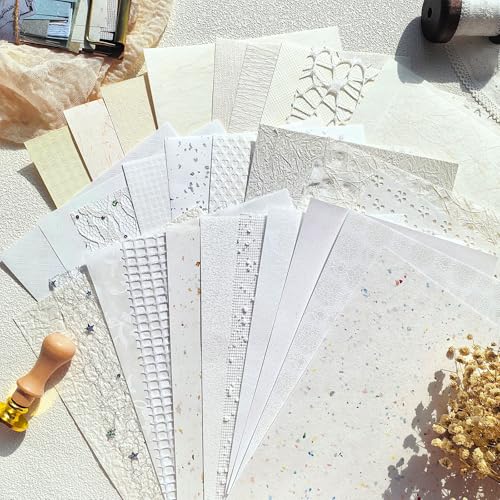 Flartmo 30 Sheets A5 White Textured Scrapbook Paper and Mesh Fabric Mix Scrapbook Supplies for Junk Journaling Scrapbooking Card Making Supplies Decorative Paper for Crafts & Mixed Media Art