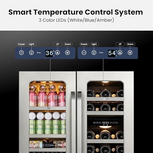 Image of Wine and Beverage Refrigerator, 30 inch Dual Zone Under Counter Wine Beverage Cooler Built-In or Freestanding Wine Fridge with Glass French Door Holds 80 Can & 29 Bottle