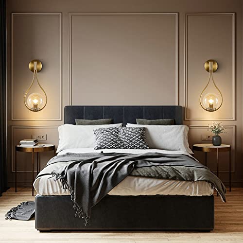 Image of KCO Lighting Glass Globe Wall Mounted Sconce Gold Teardrop Wall Sconce Vintage Cordless Sconces Wall Lighting for Stairwell Bathroom Bedroom (Gold + Amber)