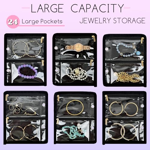Travel Jewelry Organizer Case,Jewelry Bags for Traveling, Jewelry Binder with 24 Pcs Clear Zipper Velvet Pouches for Storing Earrings, Rings, Necklace, Bracelet, Watch (Black)4