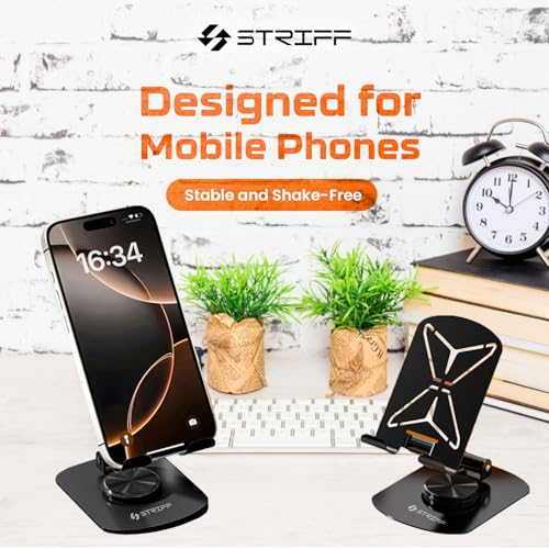 Image of STRIFF mobSpin 360 Rotating Metal Phone Stand, Foldable Mobile Holder with Adjustable Height & Angle, Stable Round Base, Thick Case Friendly, for Smartphones, Tablets, Kindles & iPads - Black