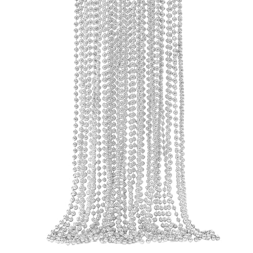 Image of 12PCS Bead Necklace, Silver Christmas Bead Necklace Party Favors Bulk, 33 inch Xmas Necklaces Costumes, Festival Events Parade Throw Accessory Sets for Xmas Mardi Gras Wedding Birthday Celebrations Decor