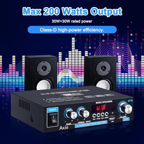 Image of Bluetooth Stereo Audio Amplifier Home: AK35 Wireless Digital Power Amplifier RMS 30W Max 200W 2.0 Channel BT Audio Amplifier Receiver for Home Speakers System(US Plug)